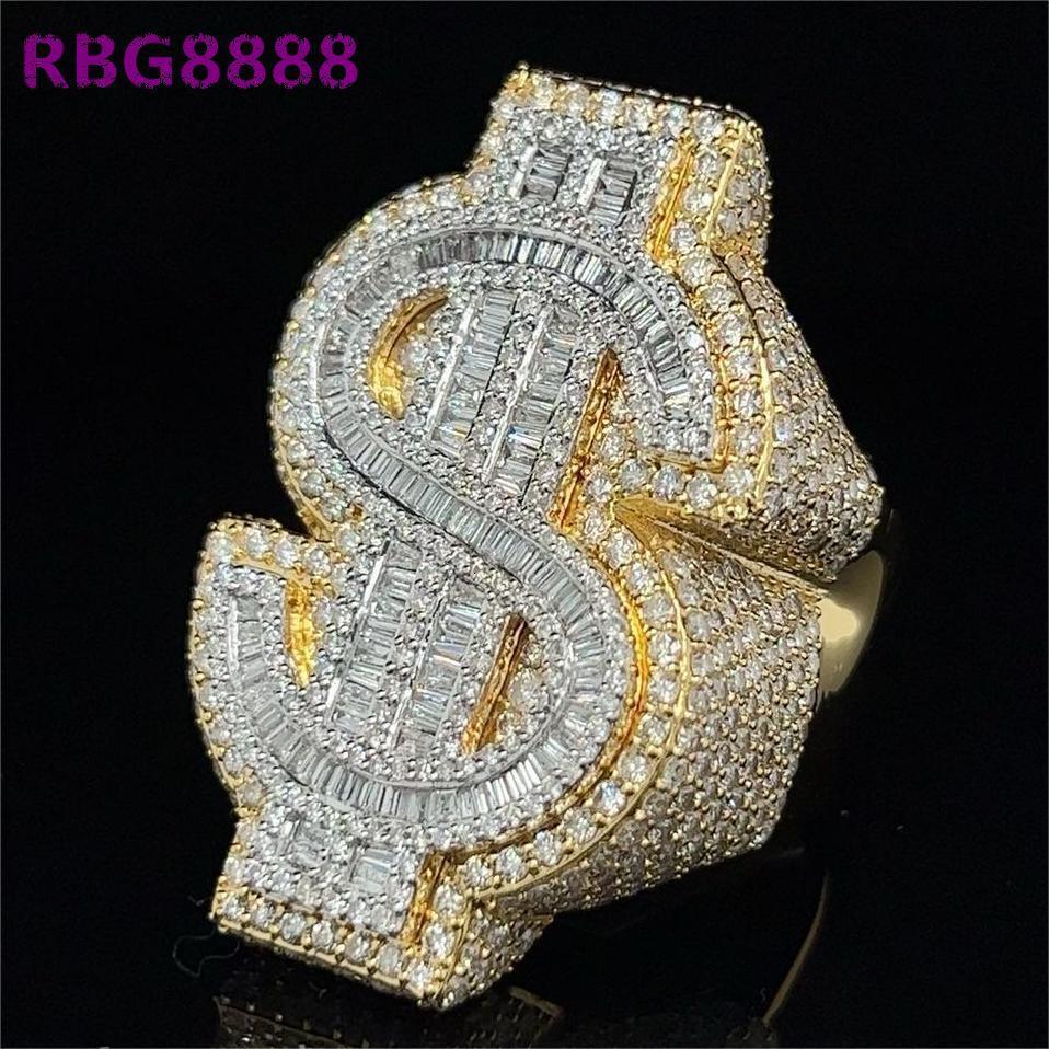 Hot Sale Custom Hip Hop Men Ring Money Be Rich Baguette Cut Gold Plated 925 Sterling Silver Vvs Moissanite Ring