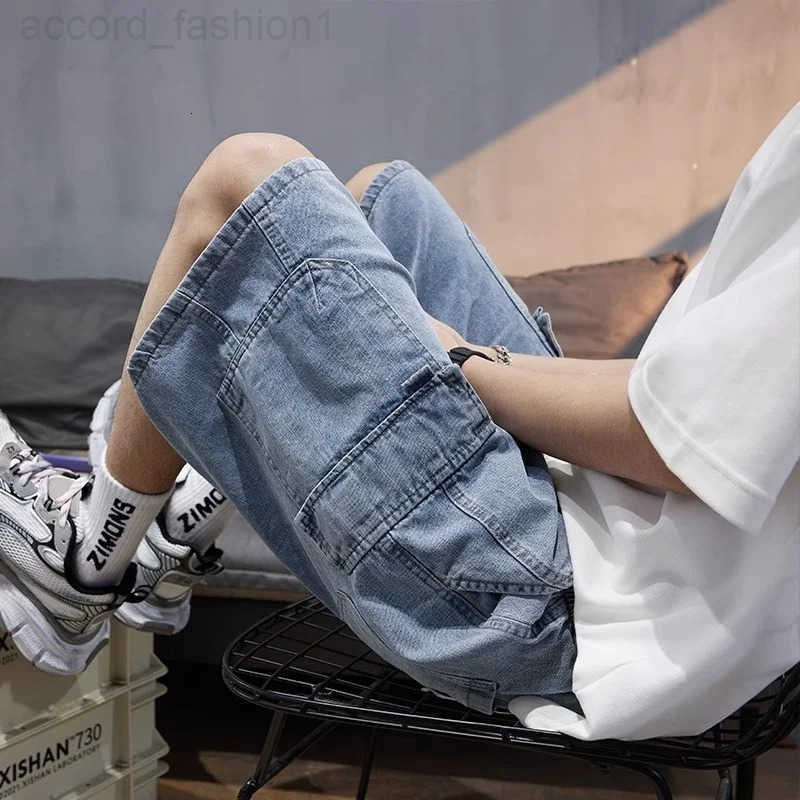 Summer Mens High Street Baggy Cargo Denim Shorts 2026 New Y2K Vintage Drawstring Jorts Hip Hop Fashion Blue Short Jean Pants H260330