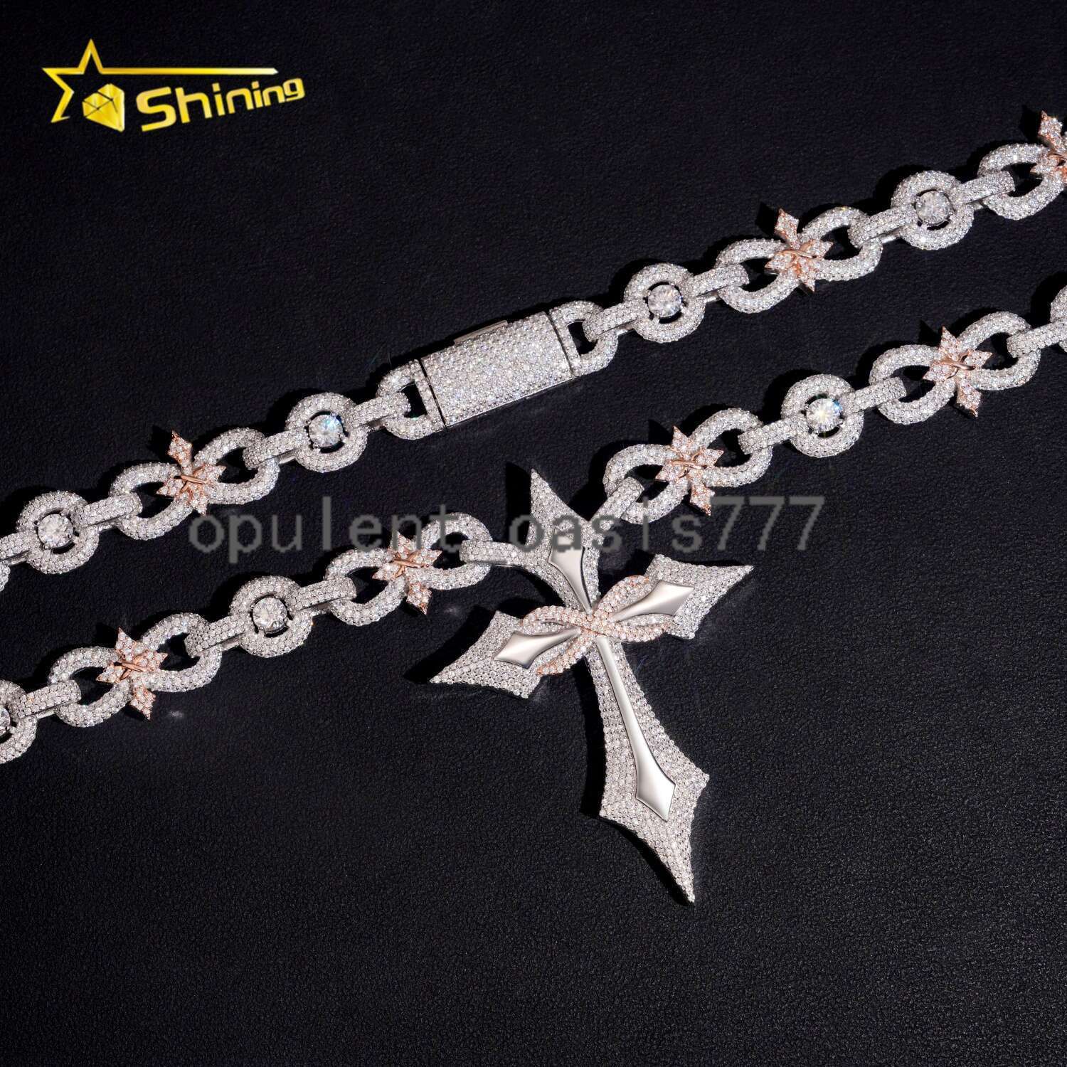 New Arrival Iced Out 925 Silver Moissanite Cuban Link Chain with Cross Pendant Luxury Men Infinity Cuban Link Moissanite Jewelry