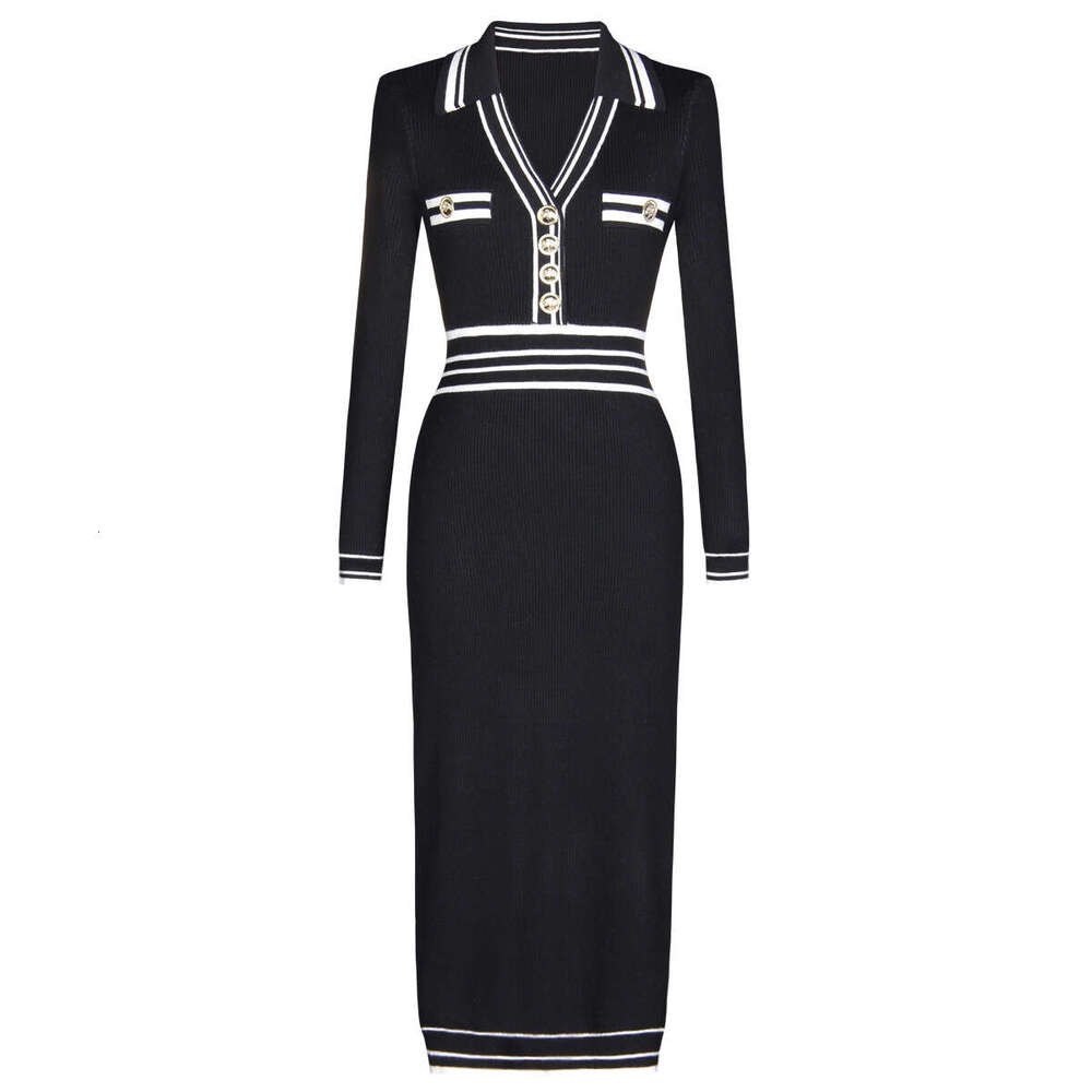 X21 Spring and Autumn New Designer High quality Knitted Collar with Patchwork, Slim fit Women's Long sleeved Dress