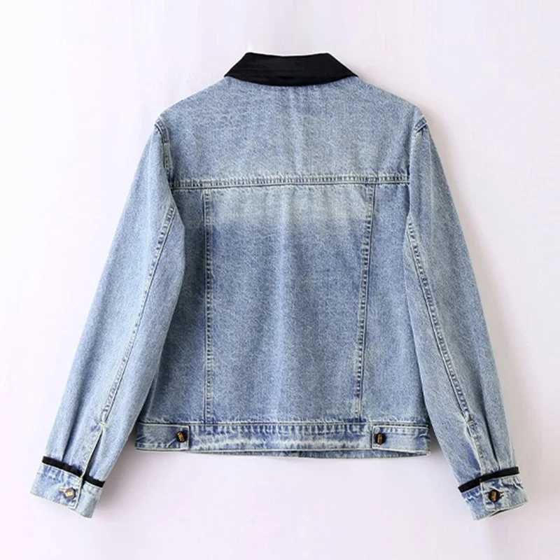 New 2025 Spring Denim Coat And Jacket Women Patchwork Color Chinese Style Tie Long Sleeve Blue Jeans Jackets OutwearT260328