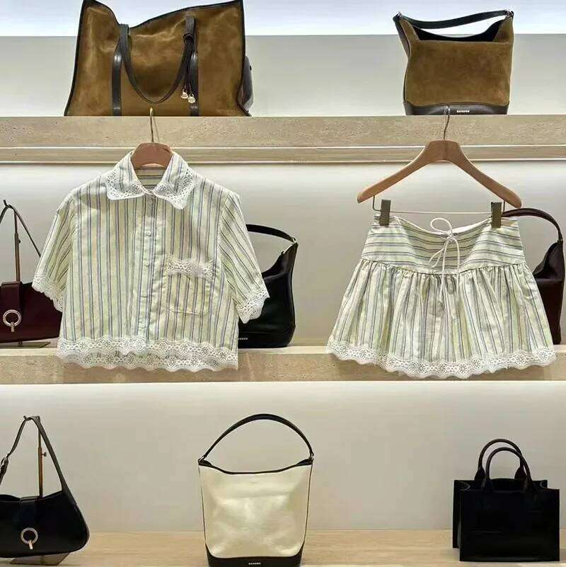 Summer Women Single Breasted Short Top + Drawstring Mini Skirt Female Stripe Embroidery Set Mdng260330