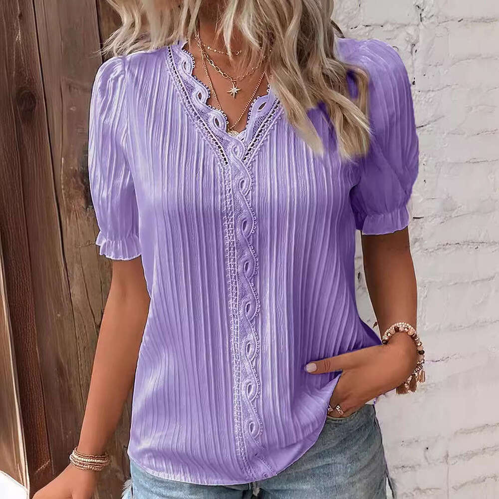 Independent website cross-border foreign trade 2026 summer new holiday fashion hollow-out short-sleeve European and American women's shirt