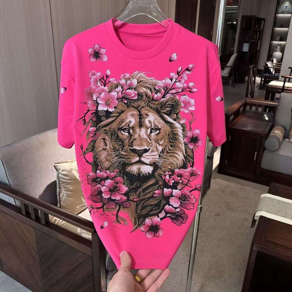 2026 Summer New Floral Lion Head Rhinestone Loose Round Neck Short Sleeve T-Shirt For Men, Fashionable Versatile Trendy Tee