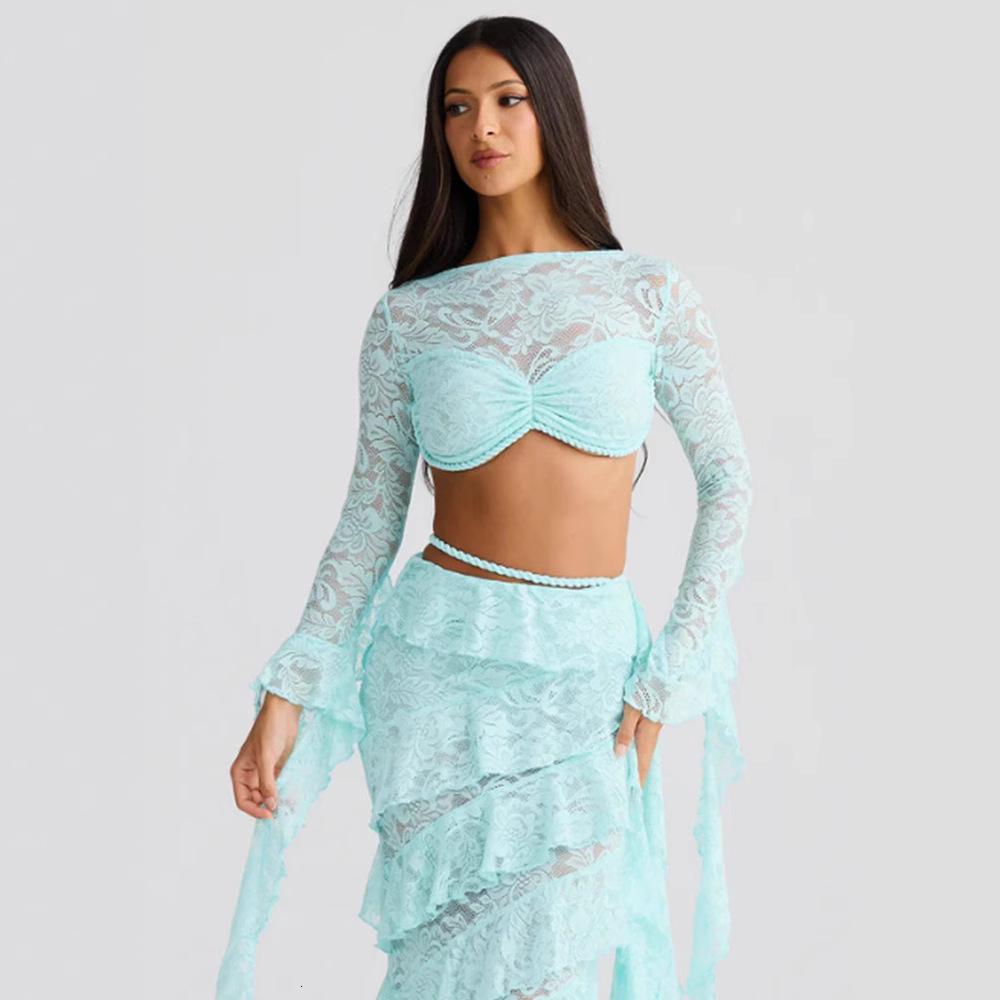 Sexy Lace Hollow Out Skirt Set Women Square Collar Ribbon Crop Top A-line Mini Split Skirt Female Sets Summer Lady Suit 250614