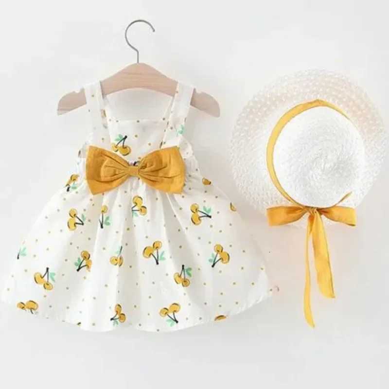 1Pc Kids Girl Summer Sleeveless Dress Cute Print Bow Casual Dress with Straw HatT260330