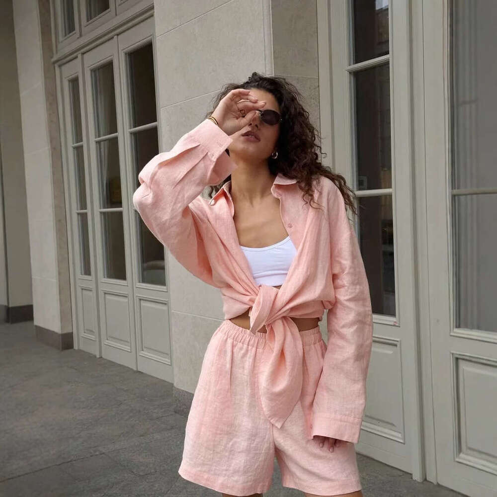 Cross-border long-sleeve cardigan shorts 2026 spring/summer wear simple solid color European and American style casual set