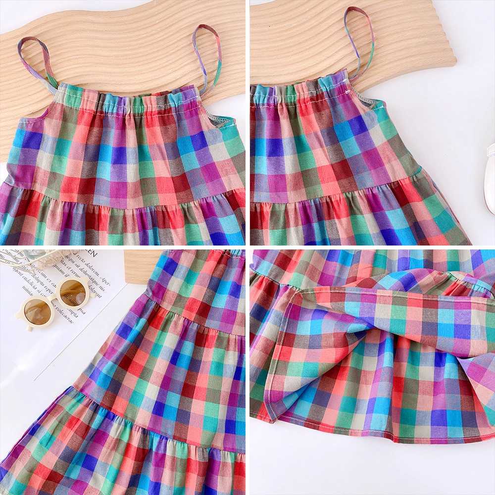 Girls Set 2023 Summer New Casual Dress Colorful Plaid Strap Dress Sleeveless Princess Dress Girls Fashion DressT260330