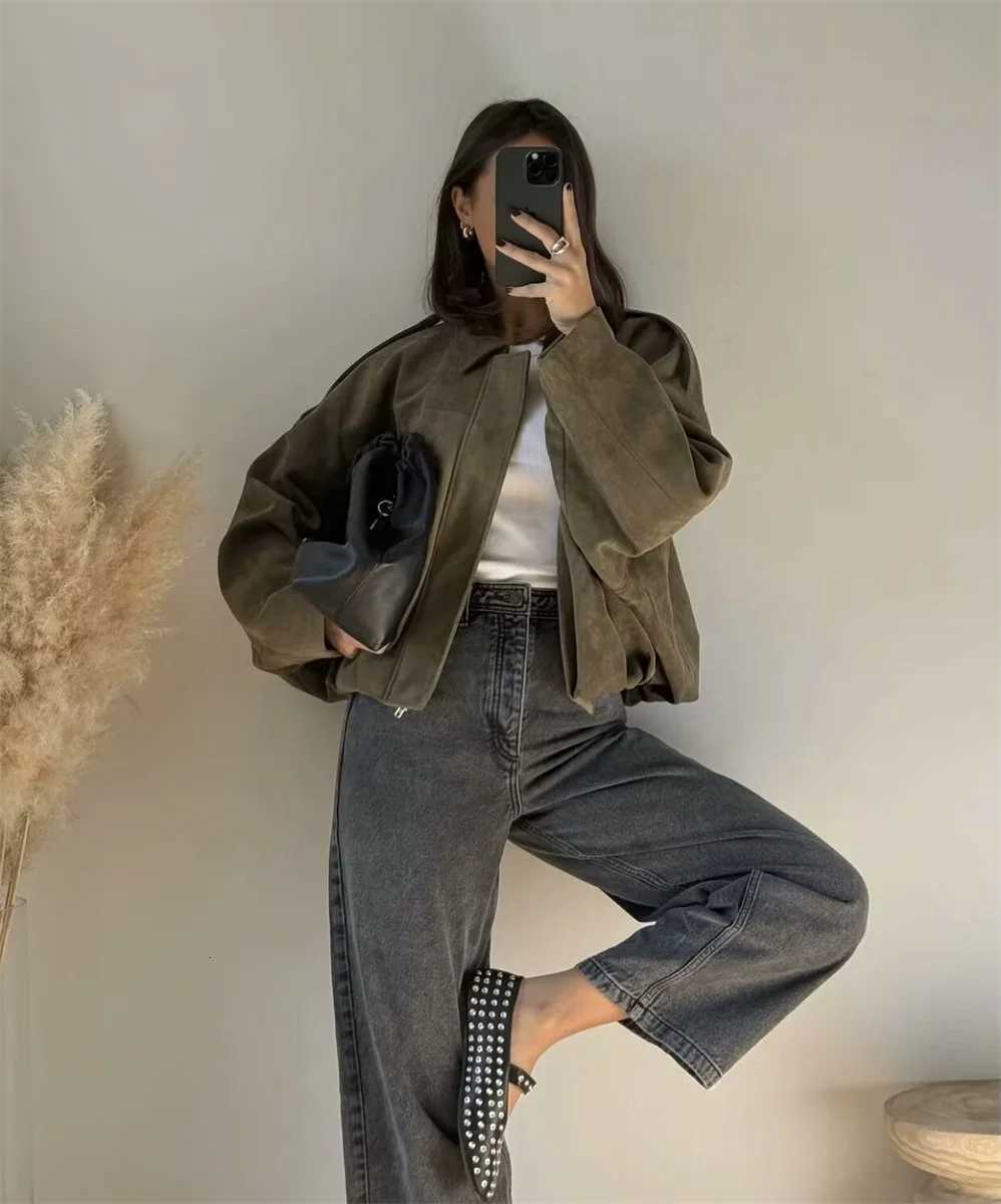 Womens Army Elegant Bomber Jackets Coats Fashion Turn-down Collar Long Sleeve Loose Coats Vintage Female Outerwear Chic TopsT260328