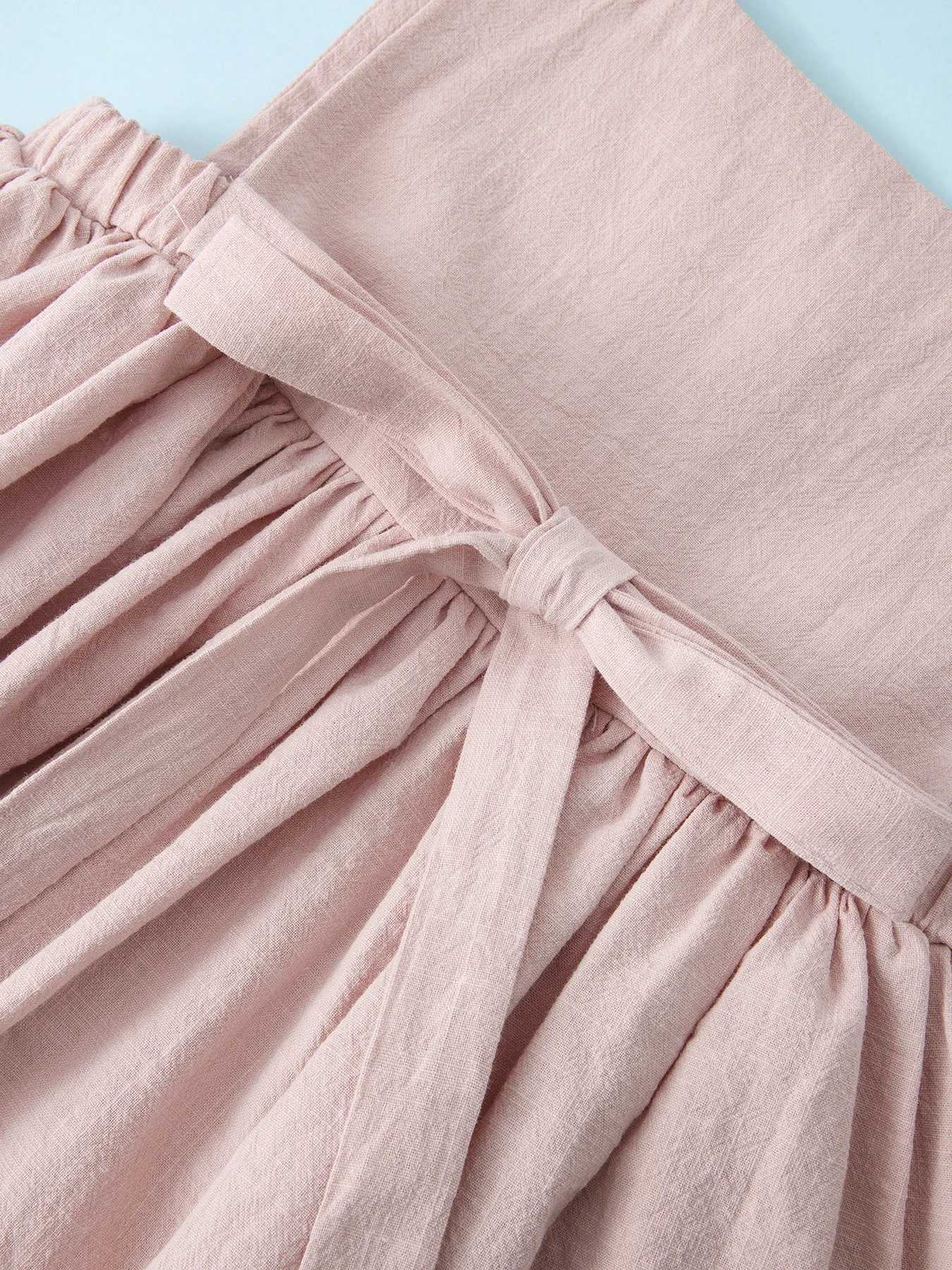 Summer kids clothes solid color suspender girl frocks linen cotton sleeveless summer dressT260330