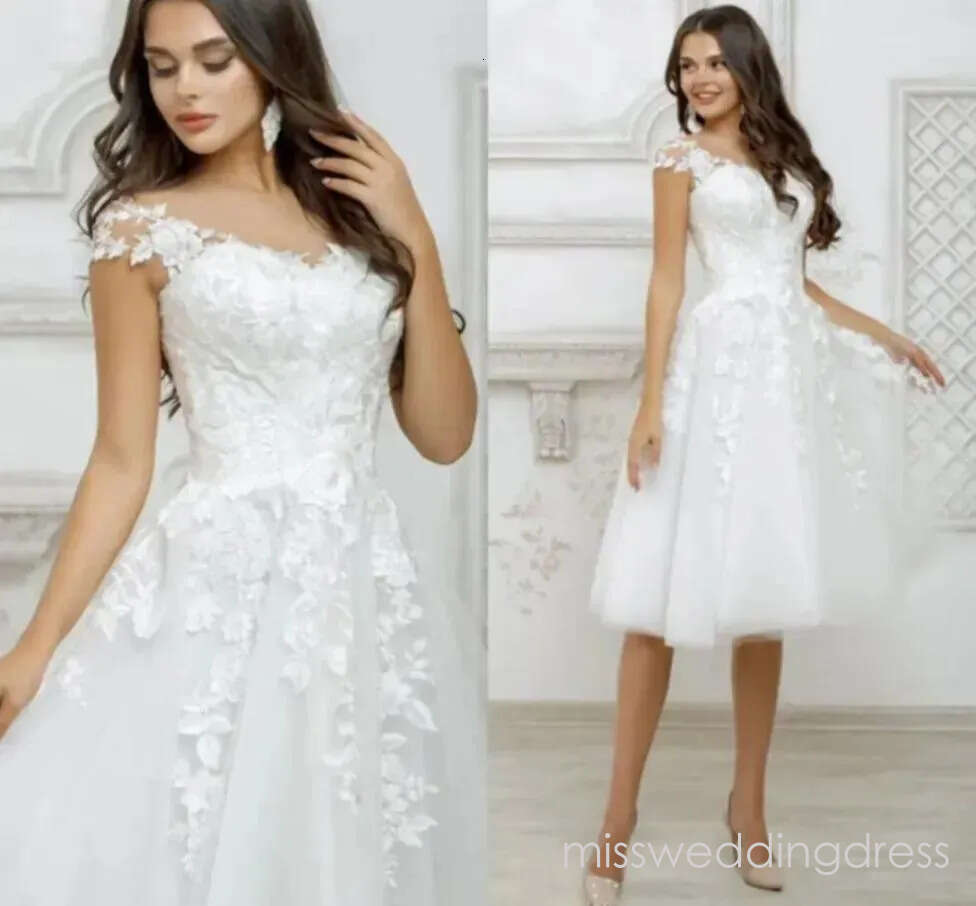 Short Wedding Dress 2026 White For Women Cap Sleeve Lace Appliques Boho Bridal Gown Princess Cute Robe De Mariee Illusion Vestidos ZD12