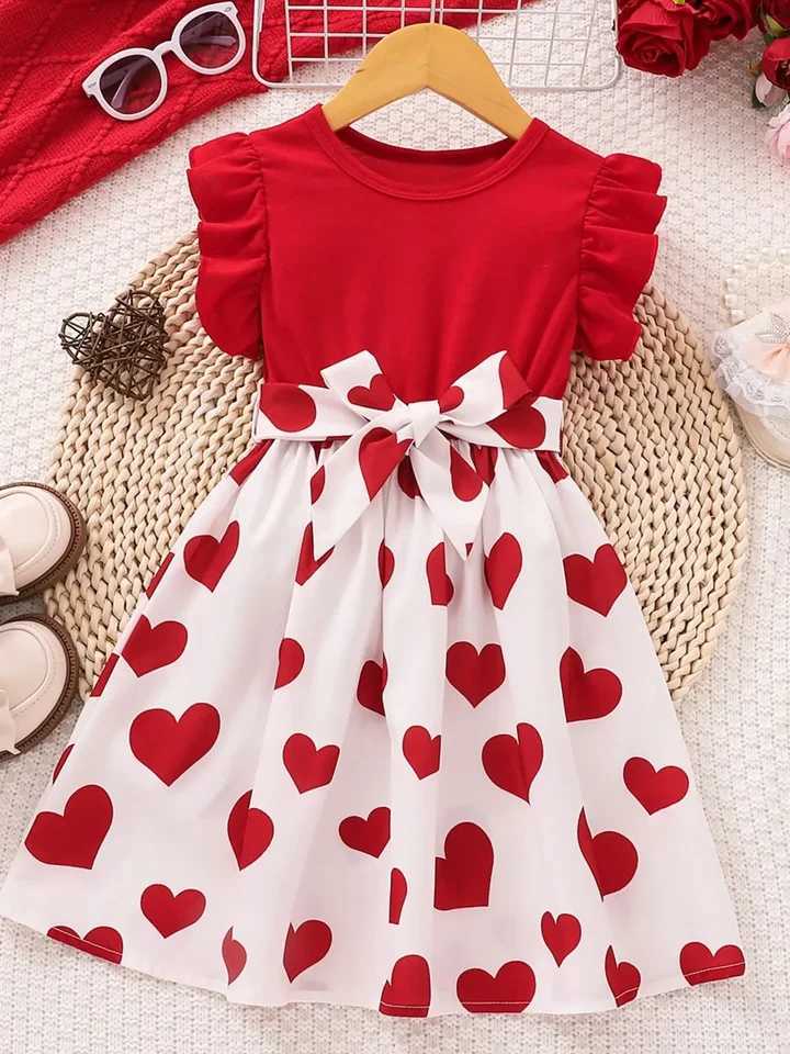 2024 Summer Cute Red Love Princess Childrens Short sleeved Dress Casual Party ClothingT260330