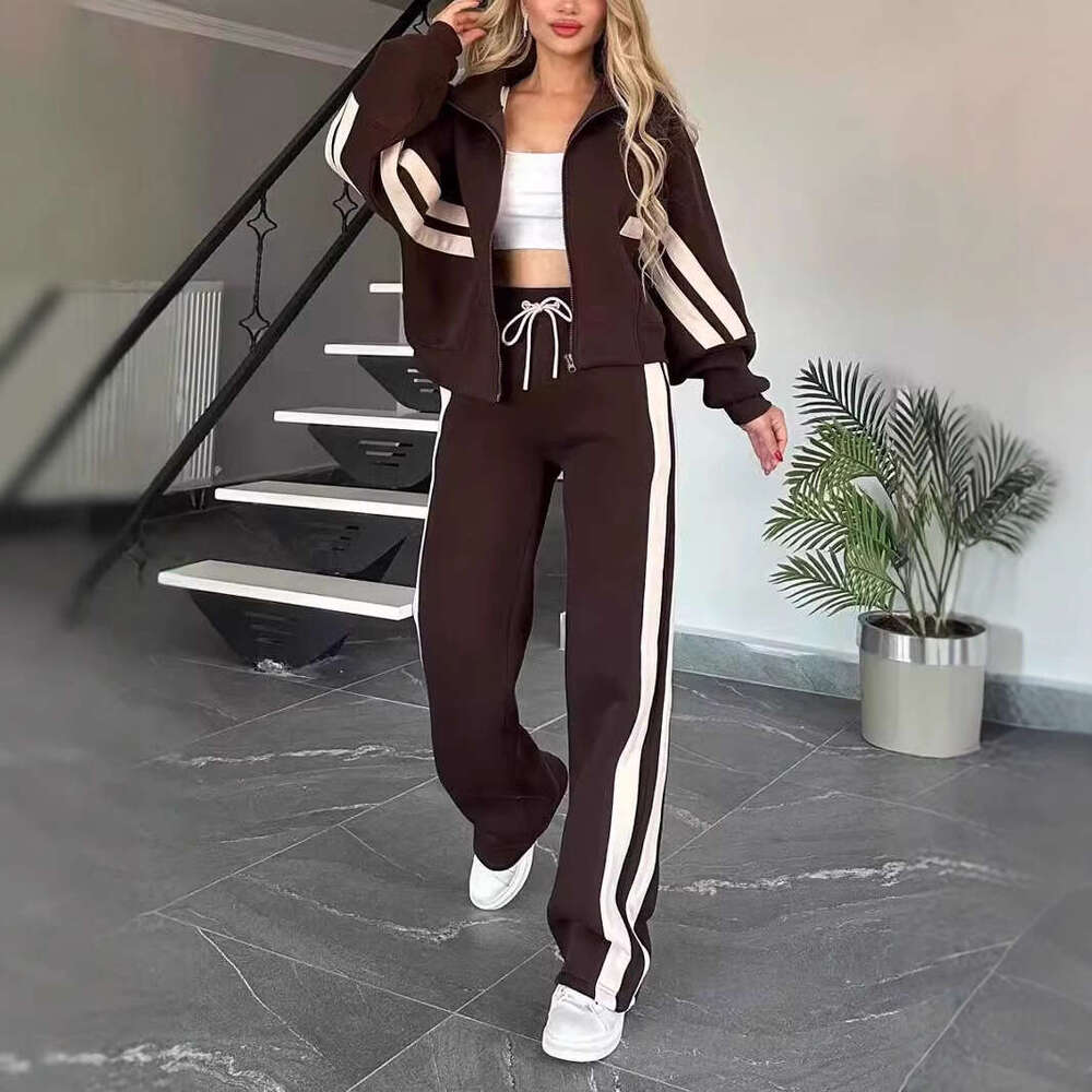 Freeacy Women's New Casual Suit Neck Zippered Loose Fit Jacket Outwear And High Waist Side-Striped Pants Sports Set