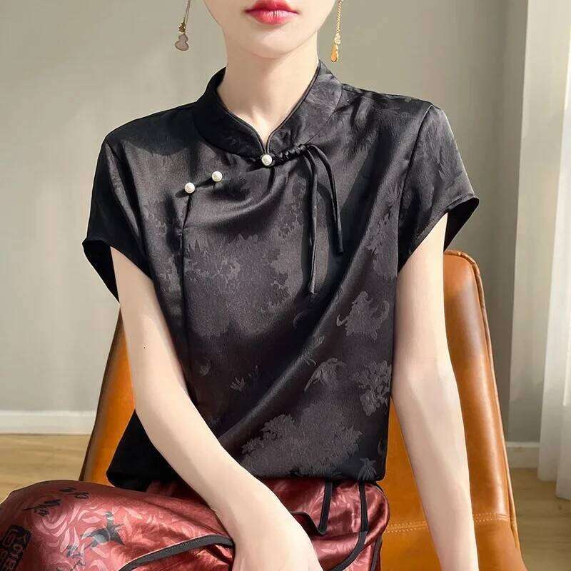 New Chinese Style Short Sleeve Shirt Women's Retro Reformed Acetate Satin Floral Embroidery Top Button Decorated Qipao Cheongsam MAKOUFEI