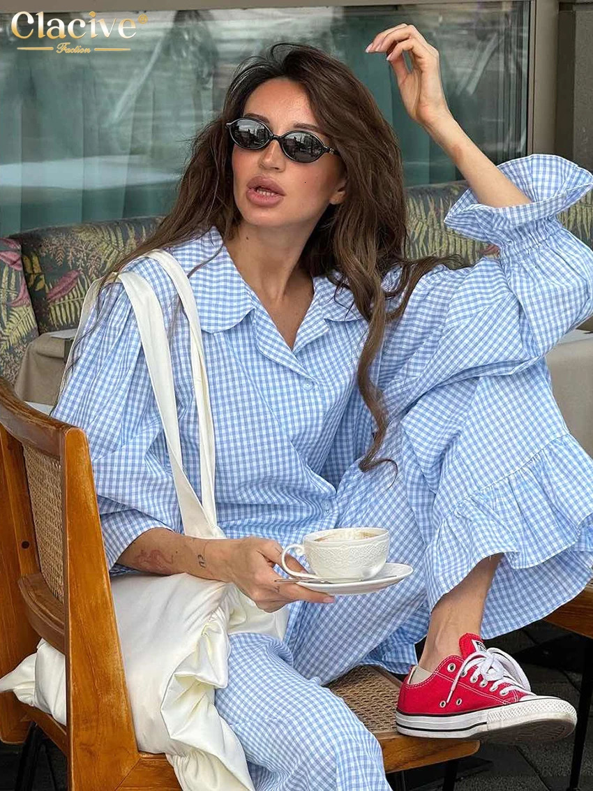 Clacive Fashion Loose Plaid Cotton Womens 3 Pieces Set Elegant Long Sleeve Shirt With High Wiast Wide Pants Set Female 260326