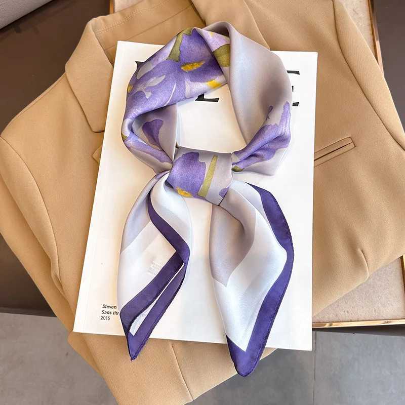 Purple Luxury Floral Print 70cm Silk Square Scarf Wen Soft Satin Hairband Hands Bag Ribbons Foard Neckerchief band Hijab X260328