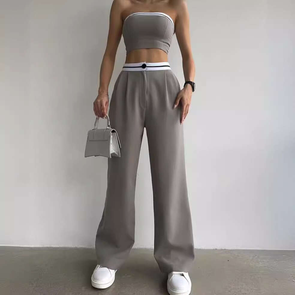 European and American Foreign Trade Women's Fashion New Hot Girl Outerwear Sports Vest Tube Top Color-Block High-Waisted Wide-Leg Pants Casual Se