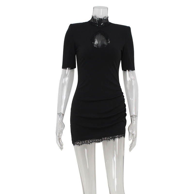 Womens Sexy Lace Hollow-Out Patchwork Short-Sleeve Dress Black Slim-Fit Bodycon Mini Dress