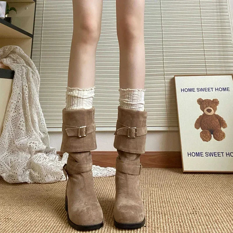Platform Thick Heel Women Western Cowboy Boots Fashion Slip On Folded Pile Long Booties Female Shoes Autumn Winter 260327