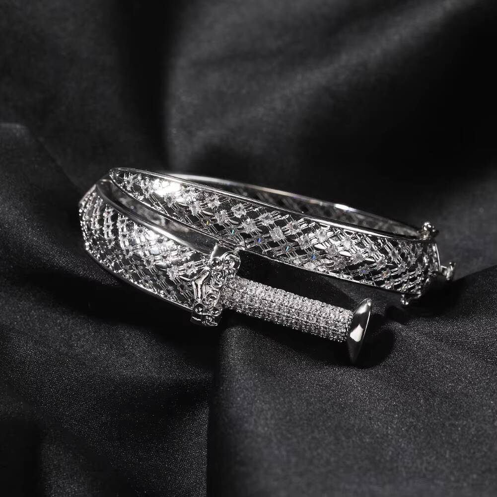 Wholesale Brass Jewelry Sword Mens Bracelet Moissanite Diamond Stone Charms Resizable Bangle Bracelet for Women