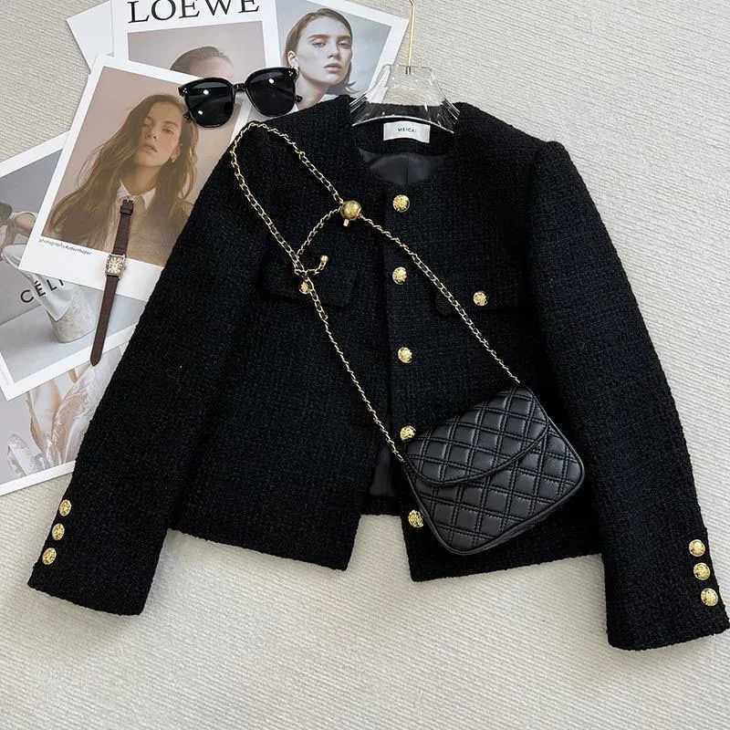 Black Tweed Jackets Womens Korean Fashion Metal Buckle Design Short Coats Woman Autumn Winter Single Breasted O-Neck OuterwearT260328