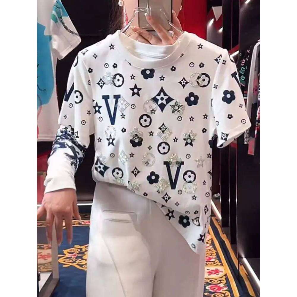 Luxury Diamond Geometry Pattern Retro T Shirts White Cotton Summer Short Sleeve Tees Top High Street Fashion Women Niche Clothes