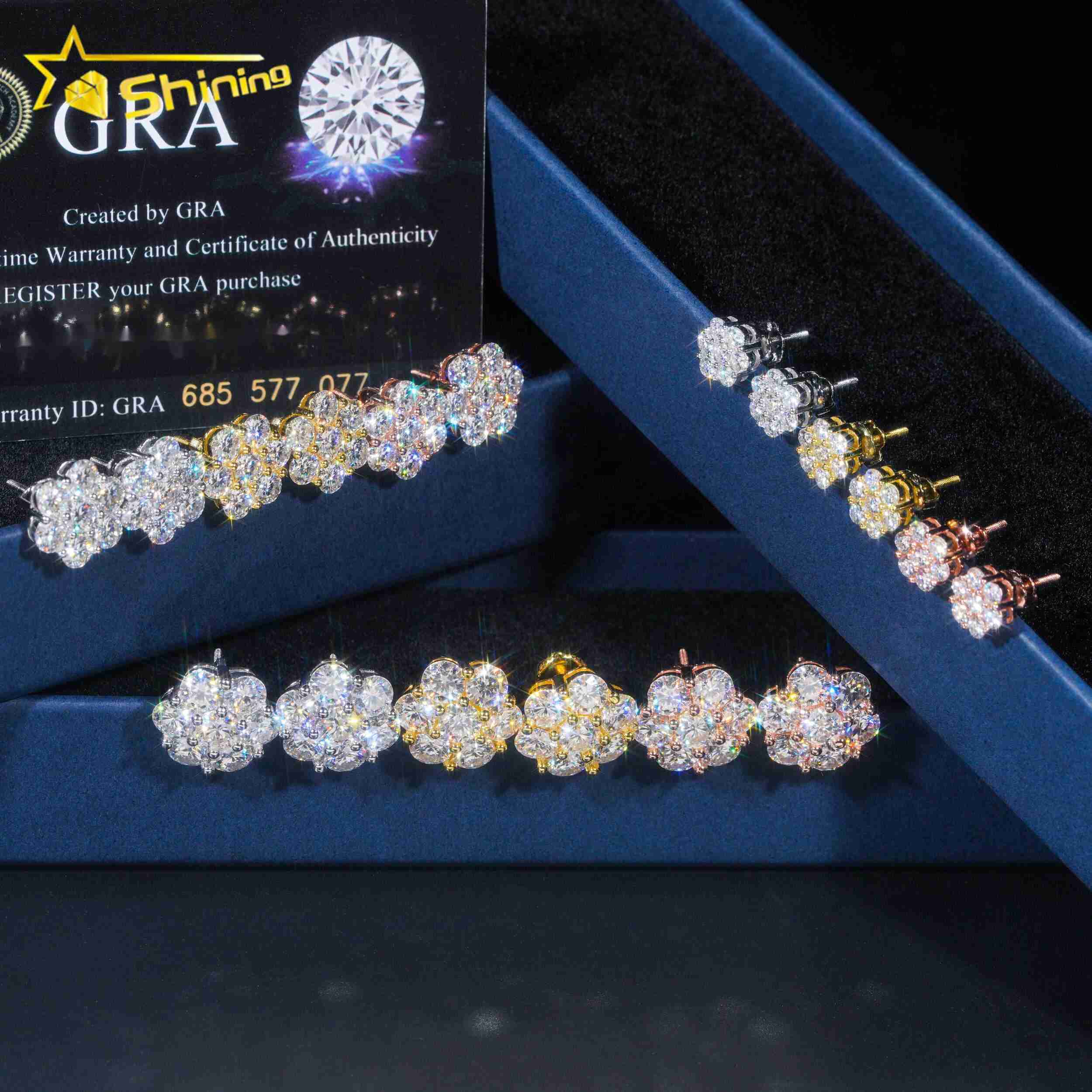 Ready to Ship Hip Hop Style Pass Diamond Tester 925 Silver Gold Plated VVS Diamond Moissanite Flower Stud Earrings Cluster