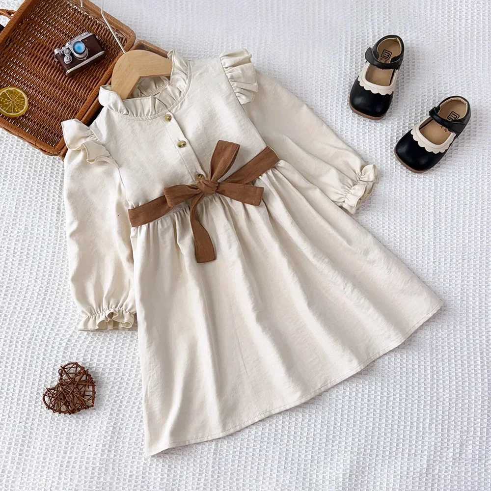 Autumn Plain Long Sleeved Stand Collar Tied Dress Solid Color Kids Dresses for Girls Daily Casual Clothes 3-7 Years OldT260330