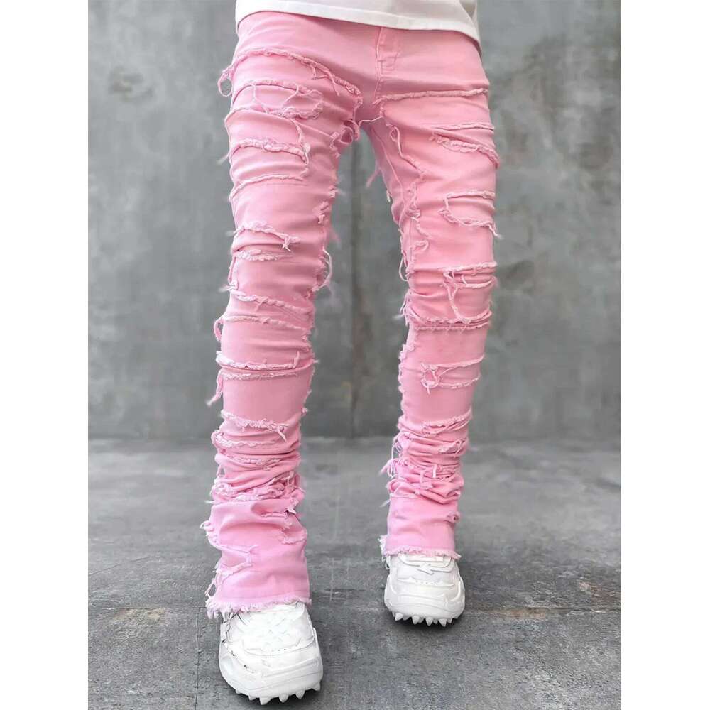 Men Ripped Stacked Distressed Slim Fit Skinny Straight Leg Jeans Fashion Hip Hop Denim Pants Casual Streetwear 26Y0330
