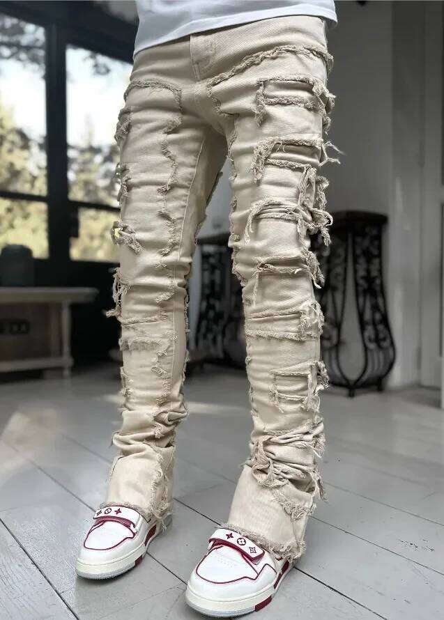 Men's Regular Stacked Jeans Ripped Slim Fit Patch Distressed Destroyed Straight Denim Pants Hip Hop Streetwear Trouser Cloth 26Y0330