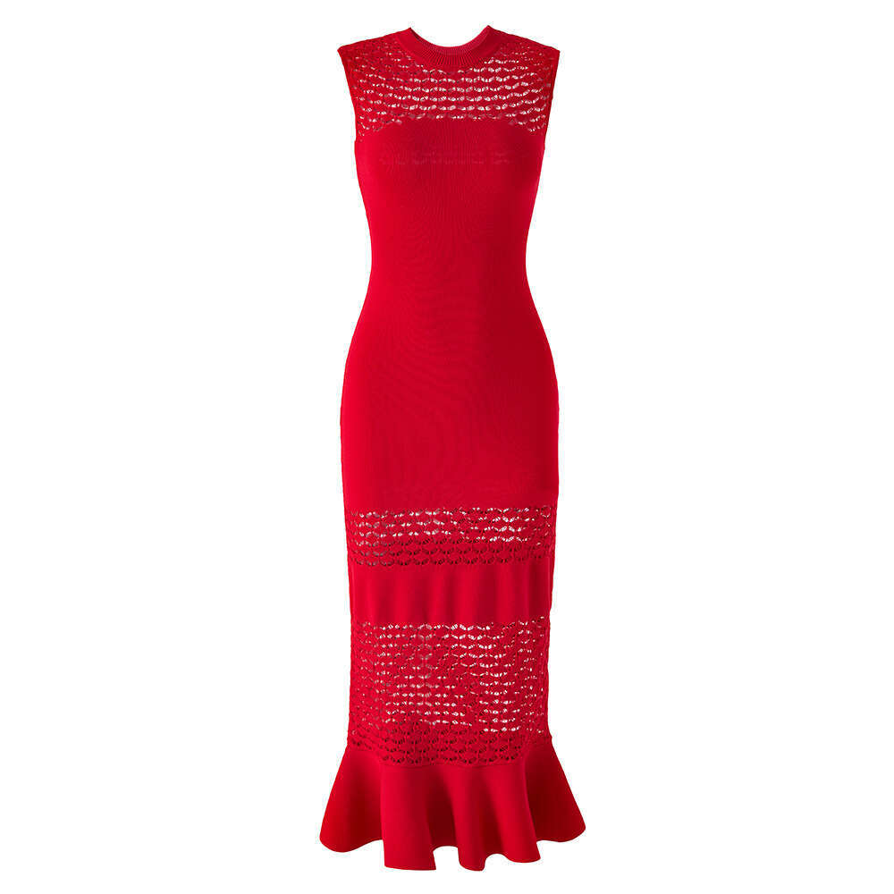 2026 Spring/Summer New q26 Designer Red Round Neck Knitted Hollow out Slimming Fishtail Dress