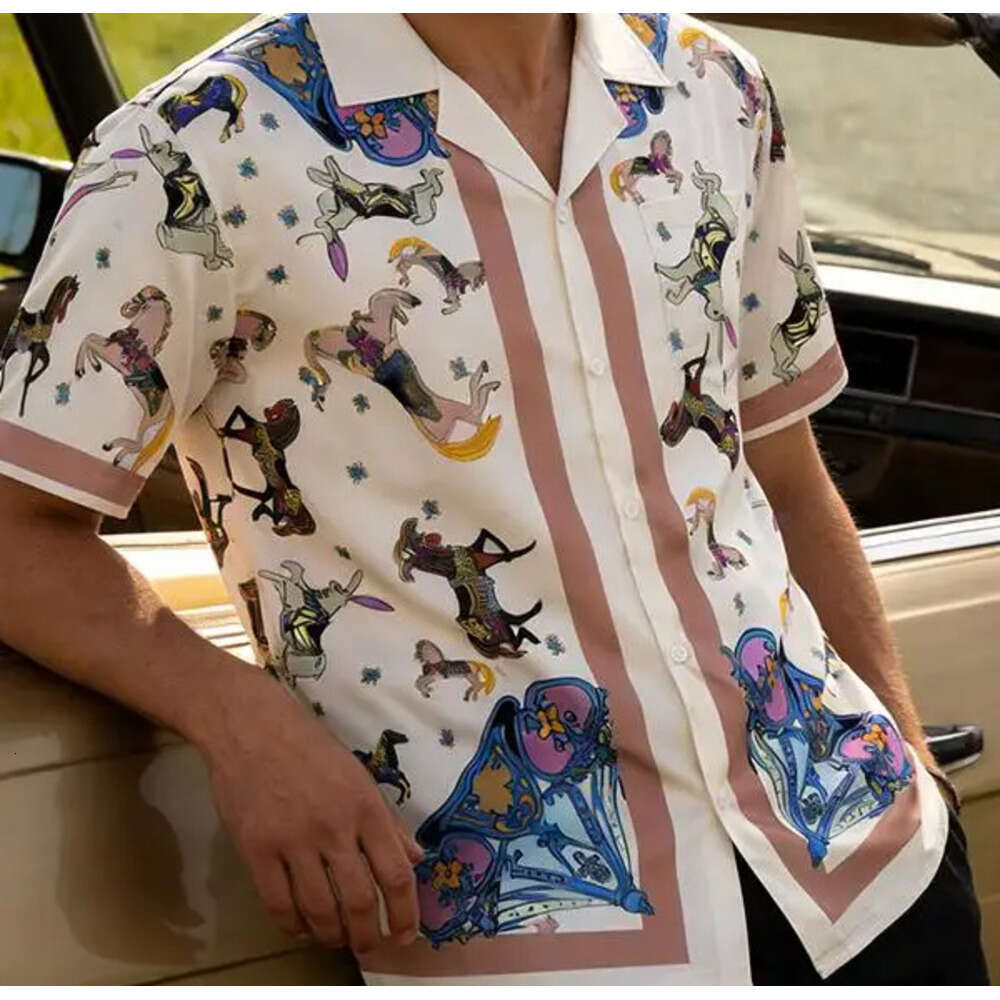 Vacation Fashion Mens Short Sleeve Shirts Vintage Pattern Printed Silk Shirt Tops Men Casual Turn-Down Collar Button-Up Cardigan