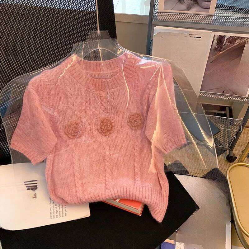 Matakawa Thin Sweaters Women Tops Spring Summer 3D Flowers Sweet Pullovers Korean Fashion Vintage Short Sleeve Pull Femme