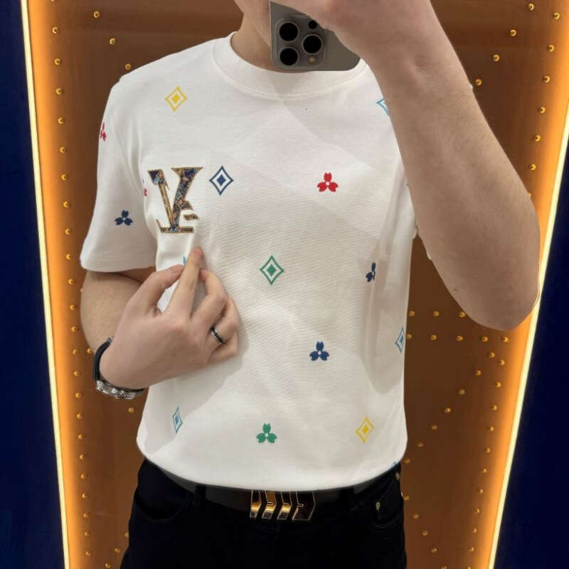 European and American Light Luxury High-end Embroidery Short Men's Trendy Brand Cool Round Neck Regular Shoulder T-shirt Summer Fashion Casual Ha