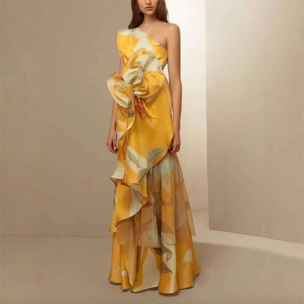 European Style Cross-Border Summer New French Retro High-Waist Elegant Casual Printed Off-Shoulder Dress