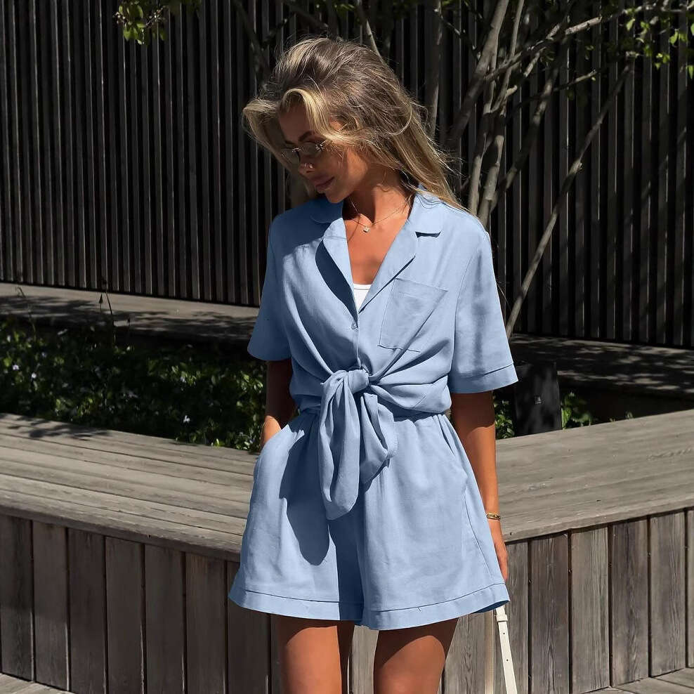 2026 Summer European American Style Cross-Border Women's Fashion Casual Set with Turn-Down Collar, Tie-Waist Short Sleeves and Shorts