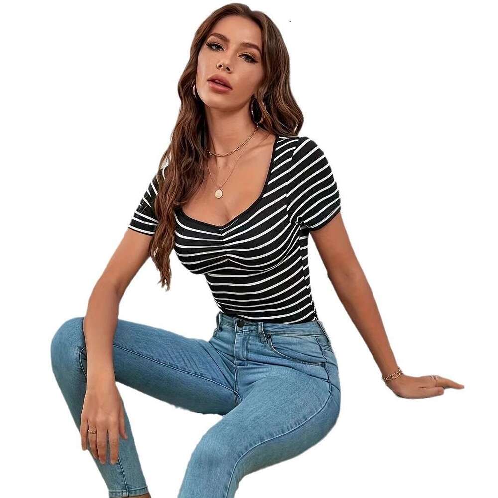 Cross Border Foreign Trade European And American Hot Selling Women S Short Sleeve T Shirt Striped Comfortable Sexy Slim Fit