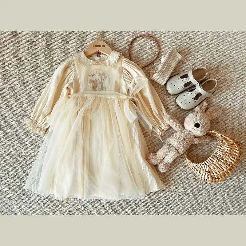 1-9Y New Baby Kid Girl Spring Summer Cream Color Kids Infant Dress Children Doll Collar Embroidered Yarn Dress Girls ClothesT260330