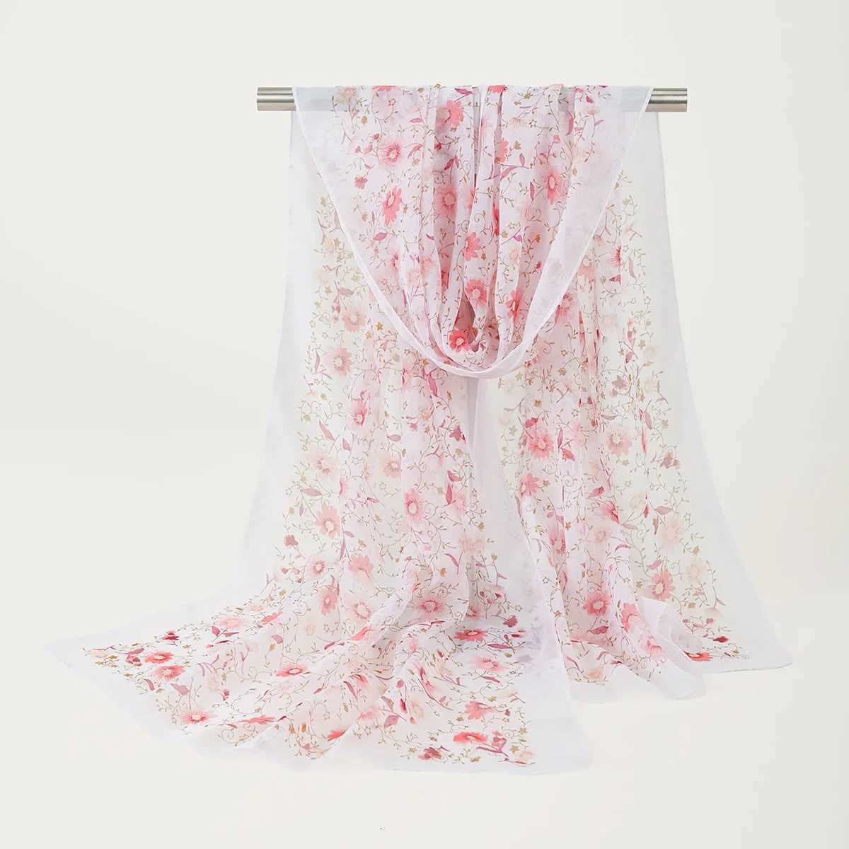 Summer Floral Printed Scarf Elegant Lightweight Chiffon Silk Shawls Travel Beach Sunscreen Towel Fashion band Turban X260328
