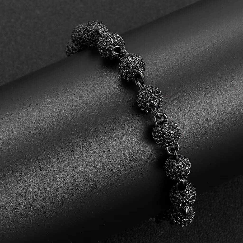 New 8mm Black Moissanite round Beads Bracelet Necklace Clavicle Chain Full Mens and Womens Personalized Hip Hop