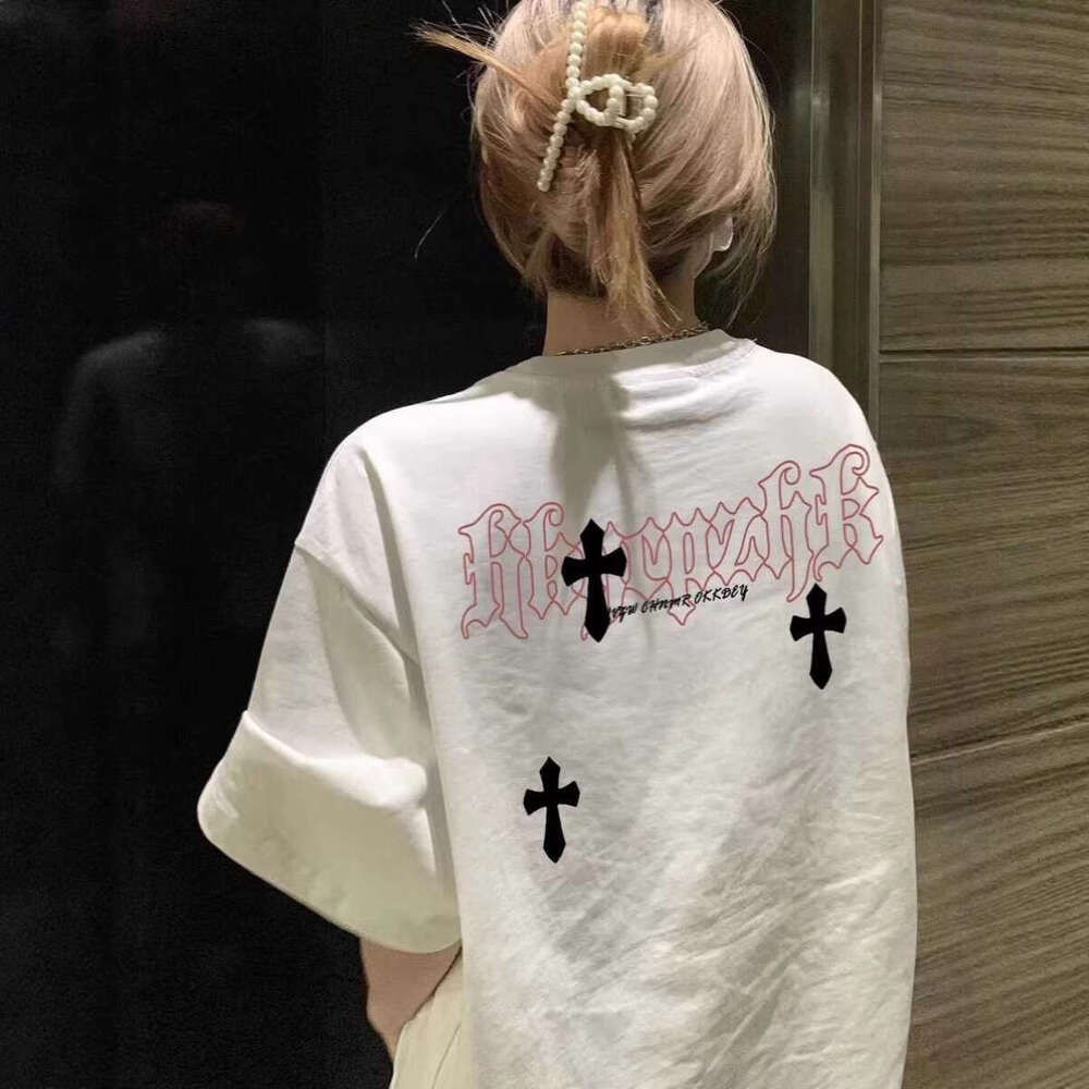 American Retro Cross Print Oversized Short-Sleeve T-Shirt For Men And Women Plus-Size Summer Loose Trendy High Street Couple's Top