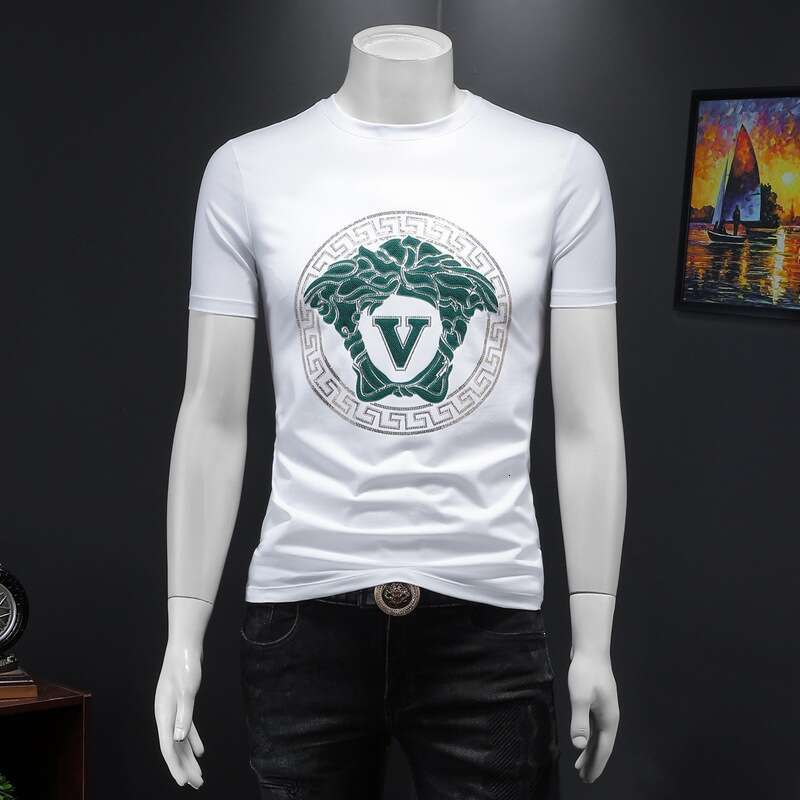 European Collection luxury Summer New Men's Double Mercerized Cotton Short T-Shirt Trendy Round Neck Half Sleeve Rhinestone Top for Men