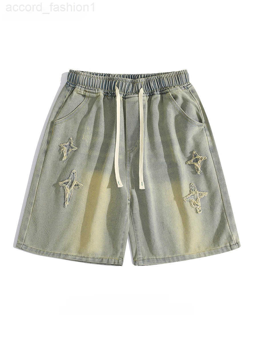 Mens Summer Patchwork Denim Shorts Trendy Brand High Street Drawstring Elastic Waist Casual Loose Versatile Five-quarter Pants H260330