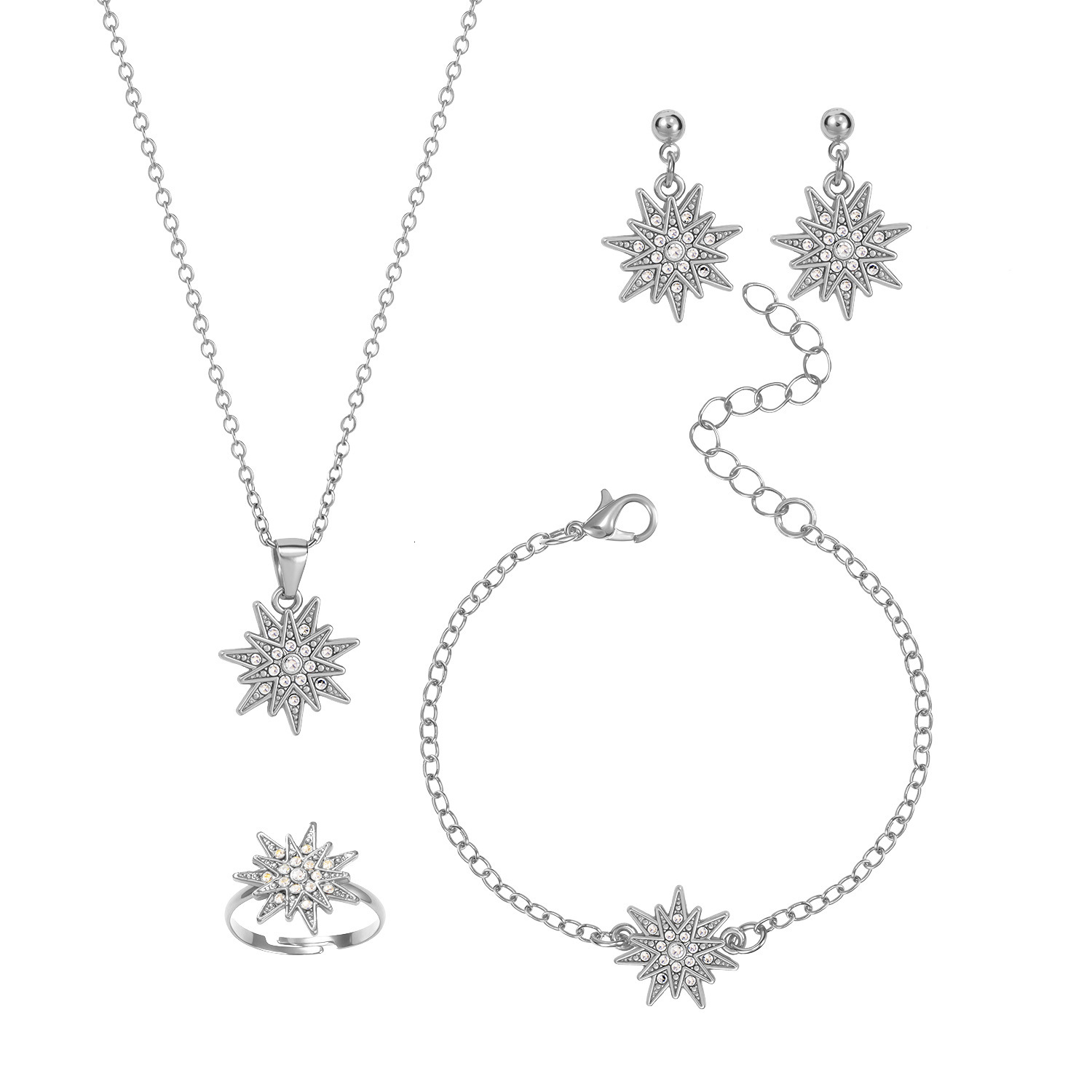 Necklace Jewelry Set Simple Clavicle Chain Women's Necklace With Diamonds Snowflake Bracelet Pendant Ring Stud Earrings Accessories