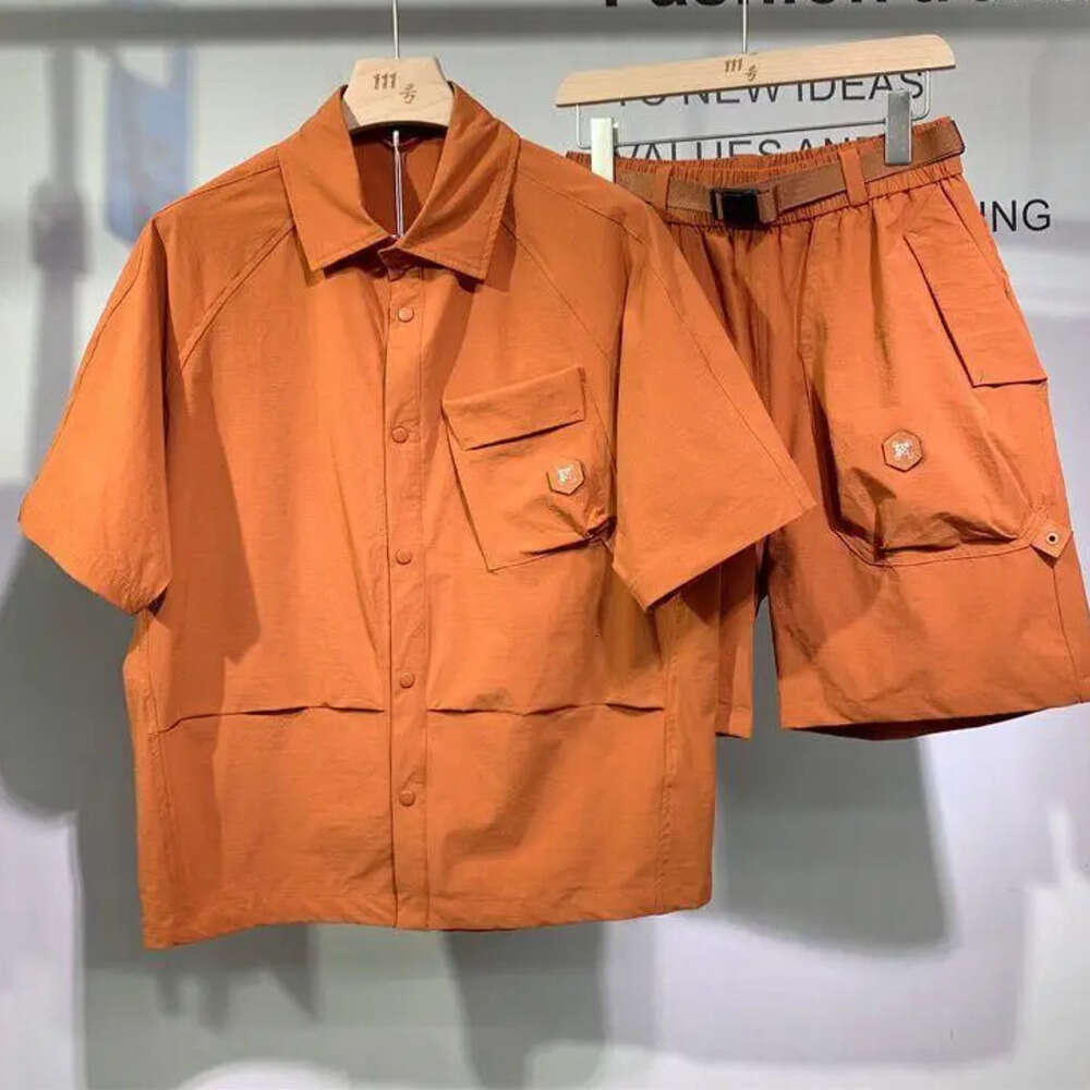 Summer American Vintage Loose Workwear Casual Set Men Fashion Shirt Shorts Two-Piece