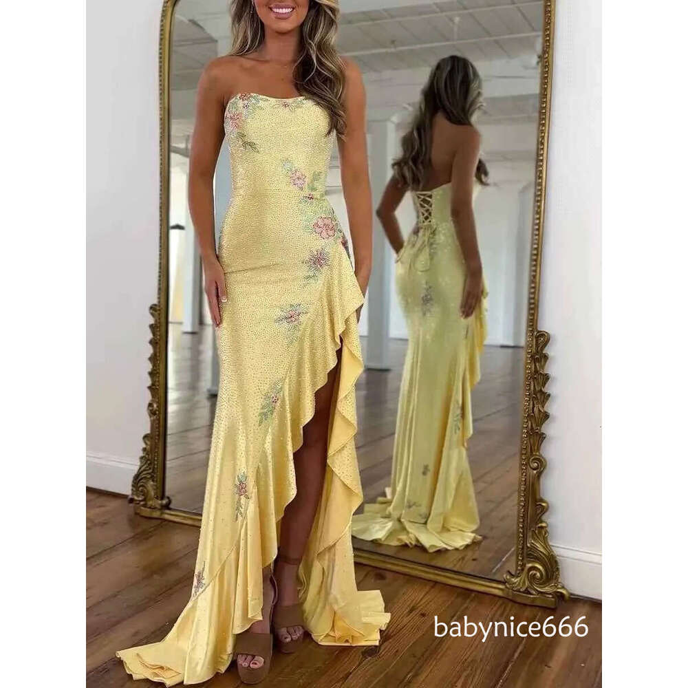 Elegant Yellow Flora Strapless Mermaid Prom Dresses Side Split Backless Corset Long Women Evening Party Gowns Gala Robes de soiree M30BC22200