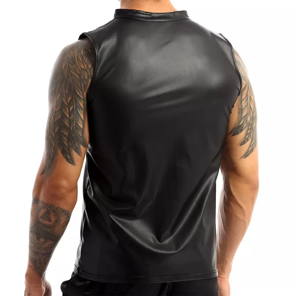Mens Leather Vest Elastic Fashion PU TShirts Bikers Tank Tops Streetwear 260312