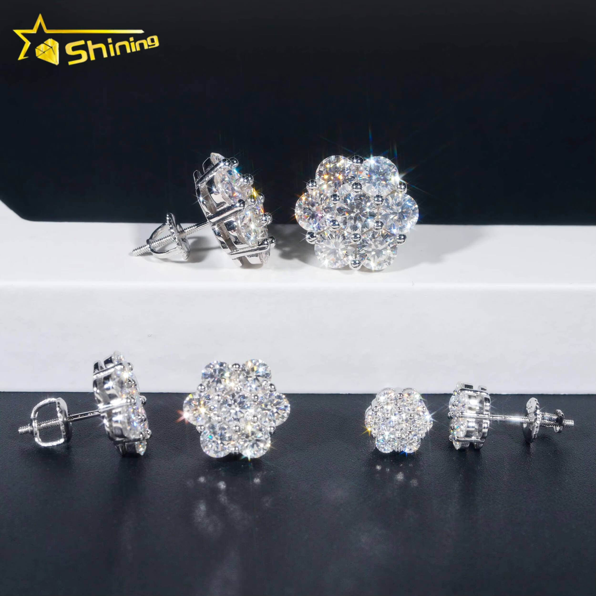 Ready to Ship Hip Hop Style Pass Diamond Tester 925 Silver Gold Plated VVS Diamond Moissanite Flower Stud Earrings Cluster