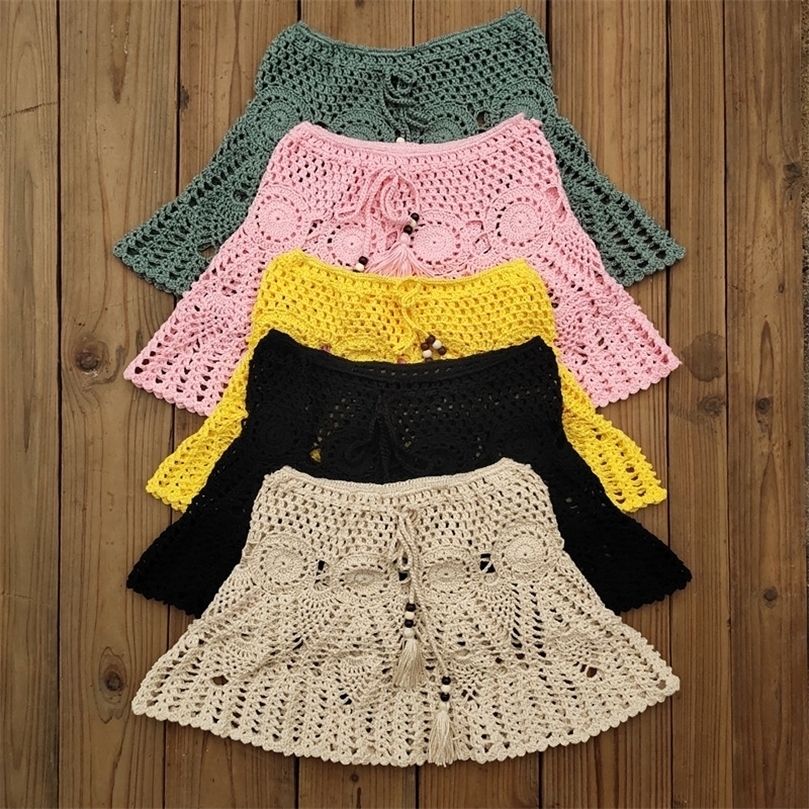 8 Color Hand Crochet Florens Skirt Women Sexy Beach cover up Boho Style elastic waistband