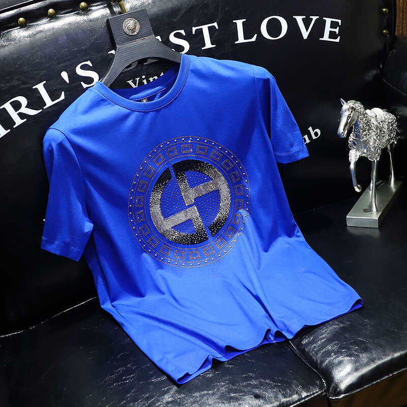 Mens short-sleeve T-shirt with rhinestones European style trendy fashion slim fit light luxury heavy-duty sequin half-sleeve tee